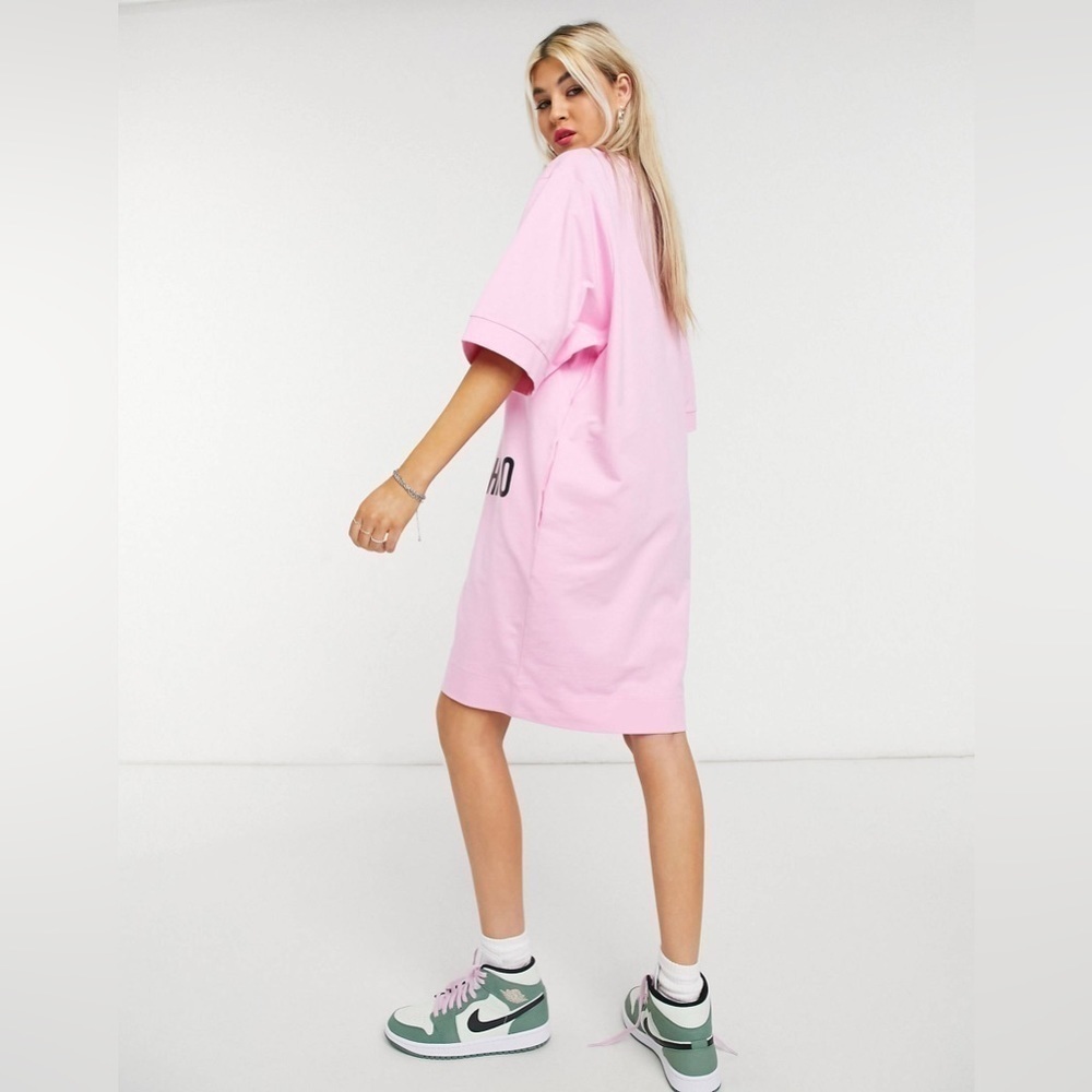Love Moschino Abito Logo Tee T Shirt Dress in Pink Animal Print Heart Sz 4 - Picture 2 of 14